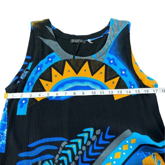Vasna Sleeveless Dress Size M Abstract Pattern Art to Wear Rayon Black Blue - Picture 5 of 7